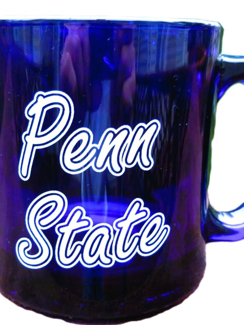 PENN STATE University PSU Cobalt Blue Glass Coffee Mug Cup Made in USA 1980s